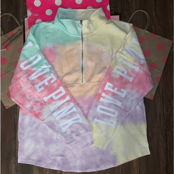 NEW VS PINK Pastel Tie Dye Quarter Zip Logo Varsity Sweatshirt. - Picture 10 of 11